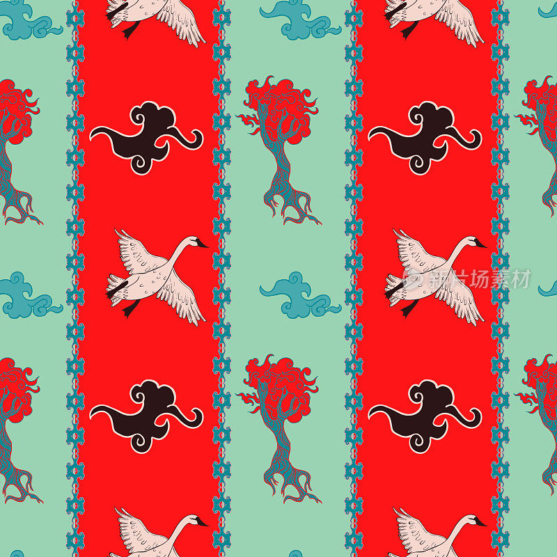 Bohemian seamless ethnic pattern with swans, trees and oriental ornaments.